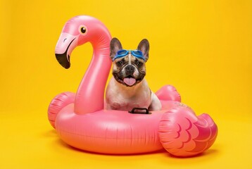 French bulldog wearing swimming goggles on a pink flamingo float