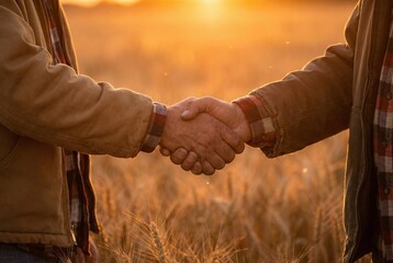 Two farmers shaking hands in a wheat field at sunset