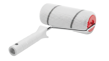 Close-up of a white paint roller with grey stripes and red end caps on a white background