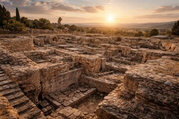 Sunset casts warm light over a series of stone structures at an archaeological site, demonstrating signs of ancient civilization and history