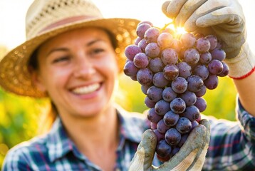 Smiling farmer in straw hat holds ripe bunch of grapes in vineyard