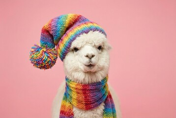 Cute alpaca wearing a colorful rainbow knit hat and scarf against pink background