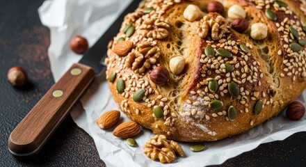 A freshly baked artisan bread with assorted nuts and seeds, showcasing a golden crust and wholesome ingredients.