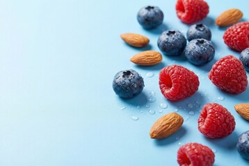 Fresh blueberries, raspberries, and almonds with water droplets on a blue background