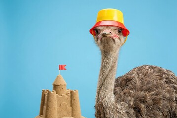 Funny ostrich wearing a bucket hat and standing next to a sandcastle a blue background
