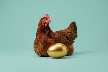 A hen sits protectively beside a golden egg on a plain blue background