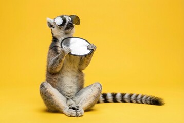 Ring-tailed lemur wearing sunglasses holds a reflector against a yellow background