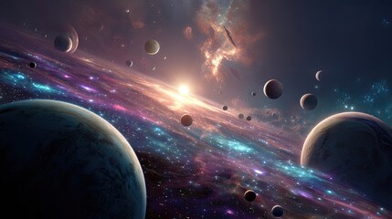 Cosmic panorama depicting planets nebulae and a radiant sun in deep space