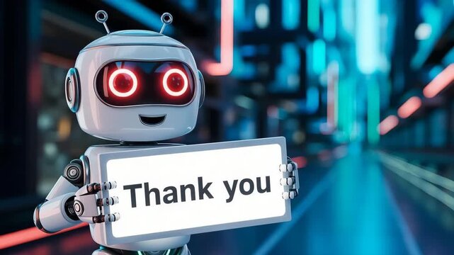 Friendly Little Robot Holding a White Sign Saying Thank You in a Cyberpunk City Setting 4k video