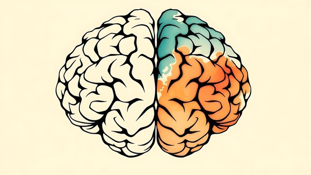 hemispheres. Illustration of a human brain split into logical geometric patterns and creative fluid brushstrokes. wellbeing guides.