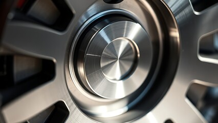 directional. An abstract metal wheel with industrial texture and geometric precision under dramatic lighting. safety posters.