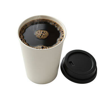Freshly brewed black Americano coffee, steaming in a white paper to-go cup with rich reddish-brown crema, a matte black lid, flat lay on a transparent background, Concept for premium coffee