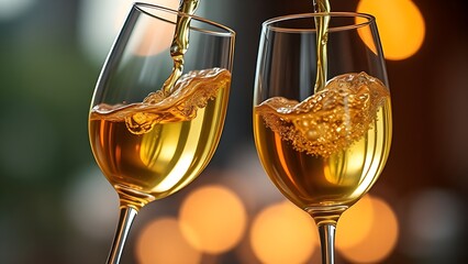 stemware. Two elegant wine glasses catching golden liquid mid-pour, surrounded by warm ambient light and soft background blur. bar promotions.