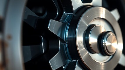 directional. An abstract metal wheel with industrial texture and geometric precision under dramatic lighting. safety posters.