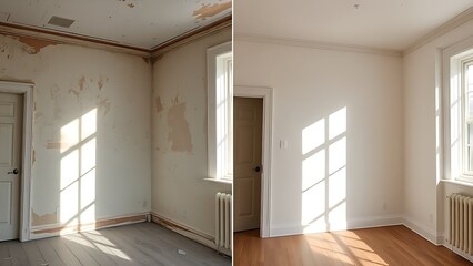 diptych. Diptych contrasting aged walls with fresh surfaces, illustrating transformation through natural light. real-estate listings.