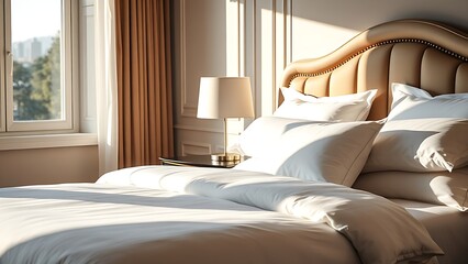 mattress. Elegant hotel bedroom with white linens and plush pillows illuminated by soft morning sunlight, lifestyle magazines.