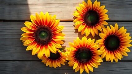 topdown. Vibrant sunflower blossoms arranged symmetrically on a weathered wooden surface under natural morning light. gardening catalogs.