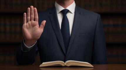 National Freedom Day and justice heritage, A man in a suit raises his hand next to an open book, suggesting an oath or legal testimony in a formal setting.
