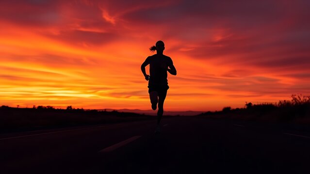 marathon. Silhouette of a runner at sunset with vibrant sky, conveying motion and energy in high contrast. inspiring travel planning.