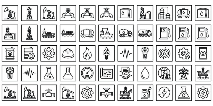 Collection of oil and gas industry line art icons and symbols Keywords: oil, gas, industry, energy, production, refinery