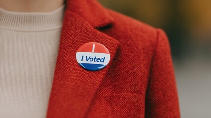 National Freedom Day and justice heritage, A close-up of a red coat featuring a badge that reads "I Voted," symbolizing civic engagement and participation in elections.