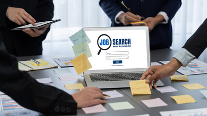 Analyst team use sticky note for creative and analytic brainstorm for business idea with BI data dashboard on laptop screen. Analysis financial data visualization tech for marketing strategy. Prodigy