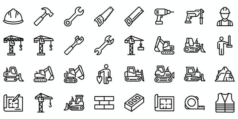 Construction Tools and Equipment Icons in Line Art Style Keywords: construction, tools, equipment, building, industry, icon, set