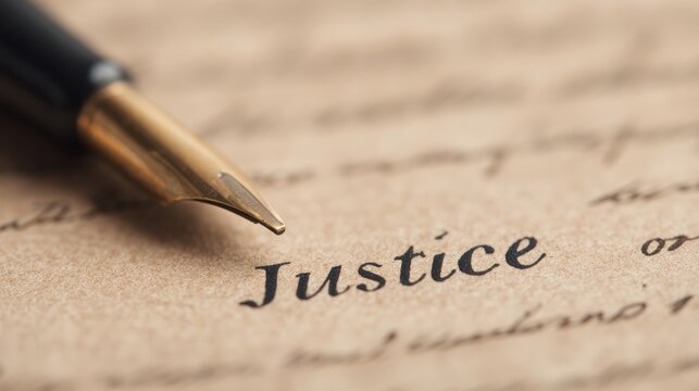 National Freedom Day and justice heritage, A close-up of a fountain pen poised over the word "Justice" written on aged parchment, emphasizing themes of law and morality.