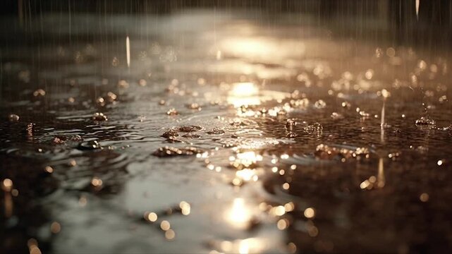 Raindrops falling on a wet surface with reflections and bokeh lights.