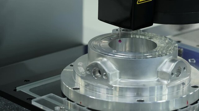 Quality control on milling metal CNC machine, coordinate measuring machine tests a metal detailt, CMM Quality control machine, technology concept