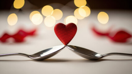 Two spoons holding a small red heart, blurred festive lights in background.
