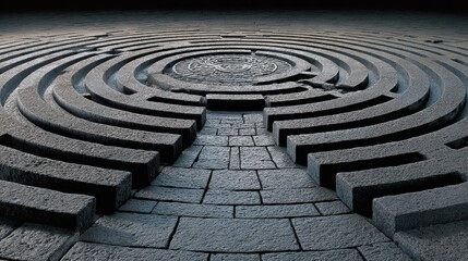 A labyrinth made of carved stone grids, highlighting the concept of systems thinking in a historic setting.