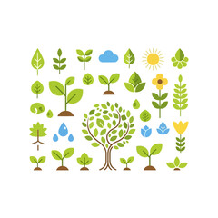 Eco Friendly Nature Icons Set: Plants, Tree, Sun, Cloud, Flower, Leaves