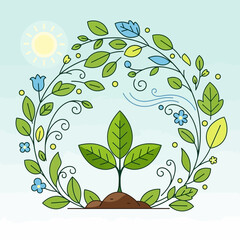 Green plant growing in soil, surrounded by floral wreath and sun.