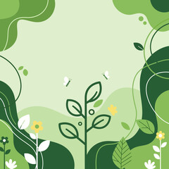 Green spring nature illustration with plants, flowers, and butterflies