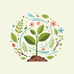 Growing Plant Seedling in Earth Circle with Leaves and Flowers