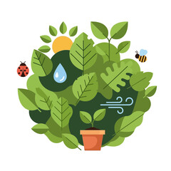 Nature elements sphere with leaves, sun, water drop, bee, ladybug, wind