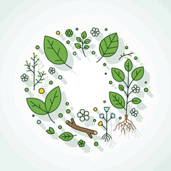 Nature Circle Border with Leaves, Flowers, and Roots