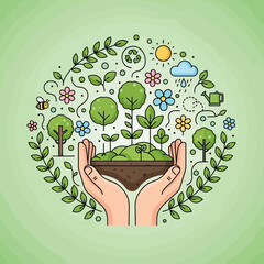 Hands holding earth with growing plants, surrounded by nature elements and recycling symbol