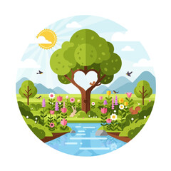 Heart Tree in Blooming Meadow with River and Sun