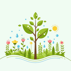 Growing Tree with Flowers, Sun, and Rain Drops - Flat Design