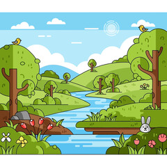 Vibrant Spring Landscape with River, Hills, Trees, Flowers, and Birds