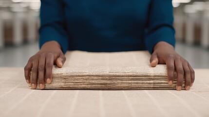 National Freedom Day and justice heritage, A person gently holds a stack of newspapers on a table, showcasing the intricate details of the pages and emphasizing the act of reading or research.
