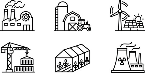 Fototapeta premium Line Art Icons of Sustainable Energy, Agriculture, and Industrial Processes factory industry