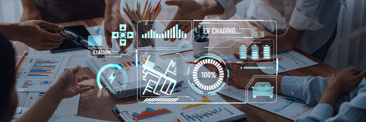 Engaging meeting scene showcasing hands in discussion about electric vehicle charging solutions, with digital graphics illustrating data visualization and innovative strategies. Trope