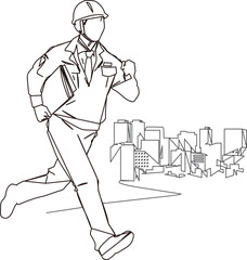 走る作業員の男性の線画イラスト素材