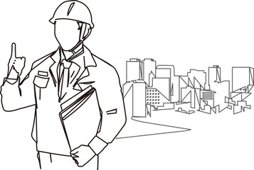 指差しをする建設業の男性作業員の線画イラスト素材