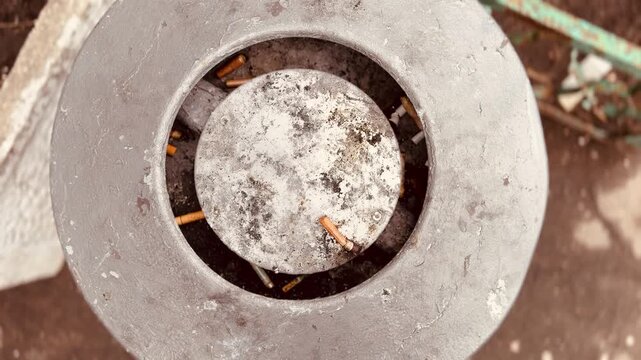 Cigarette butt on metal ashtray atop public trash can, ash residue and crushed tip visible, green railing and soil in background, dull overcast light, damp pavement, neglected city