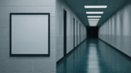 National Freedom Day and justice heritage, A minimalistic hallway features a blank frame on the wall, leading into a dimly lit corridor with a reflective floor.