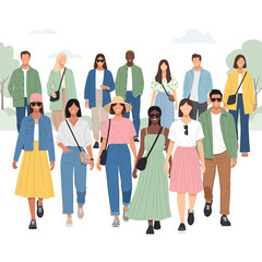 Fototapeta premium Diverse group of people walking together outdoors, summer fashion, casual style